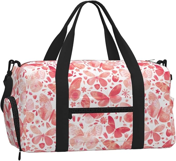 Butterflies Watercolor Coral Pink Women'S Gym Duffle Bag With Shoes Compartment, Ideal For Travel, Gym, Sports, Duffel, Weekender