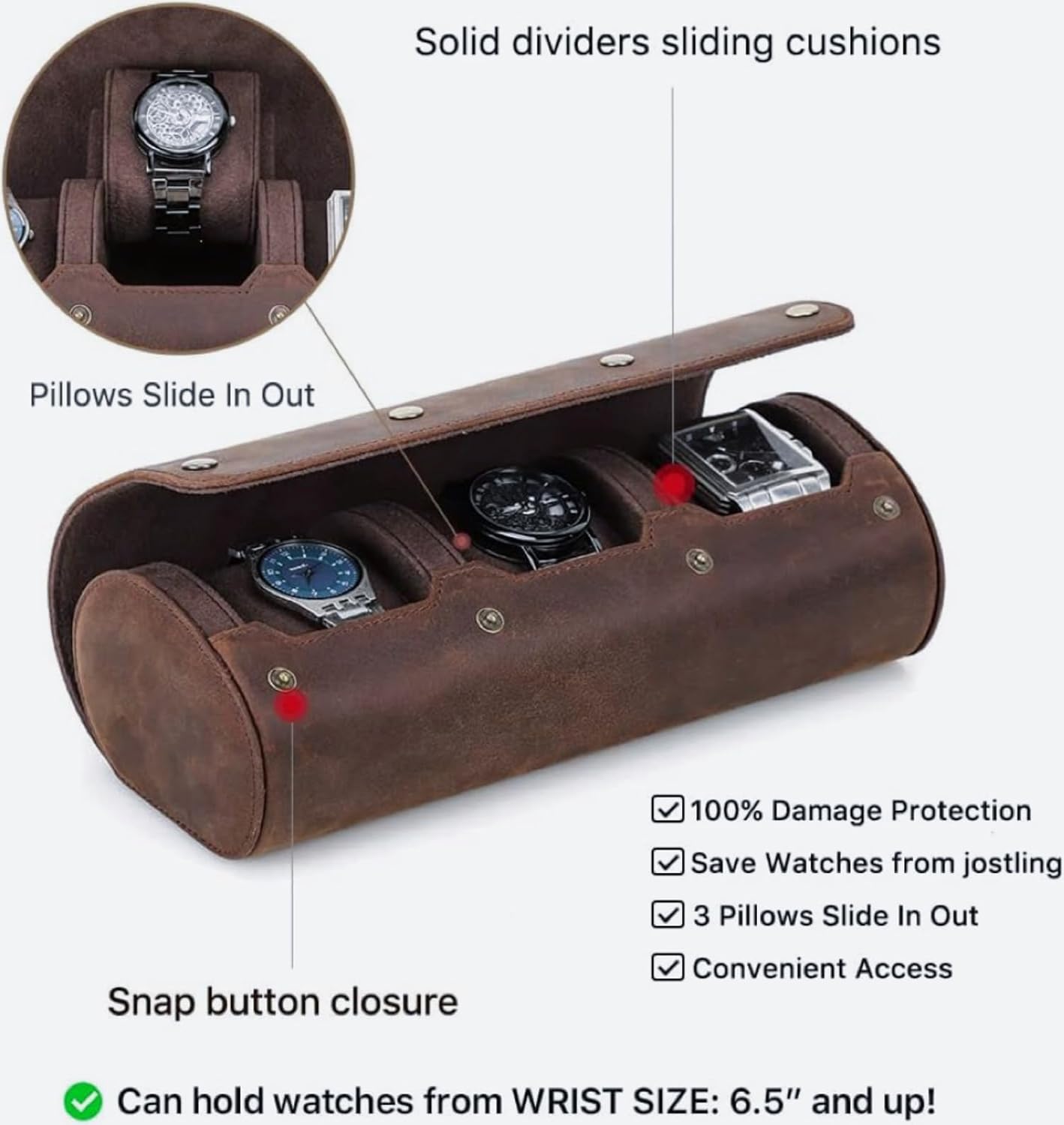 Genuine Leather Watch Roll Travel Case,3 Slots Vintage Full Grain Leather Watch Box with Pillow for Men,Watch Storage Organizer for Home Storage,Anniversary Birthday Christmas Gift