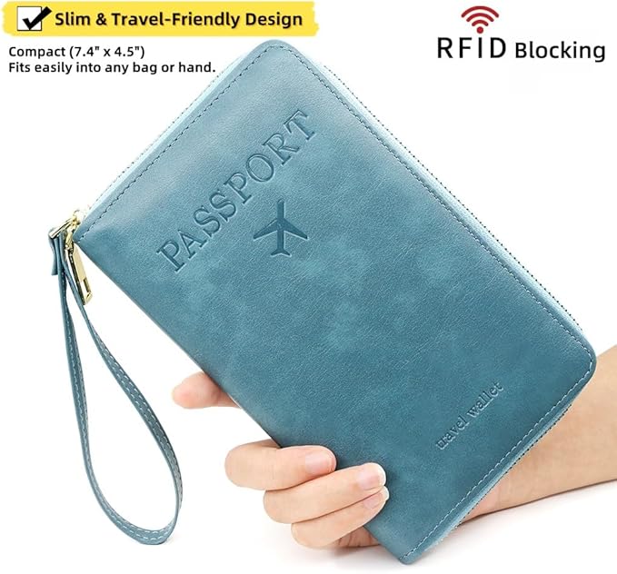 S-11 RFID Blocking Passport Holder Travel Wallet, Slim Zipper Card Case with ID Window, Boarding Pass Slot & Credit Card Organizer for Men and Women. (Sky Blue)