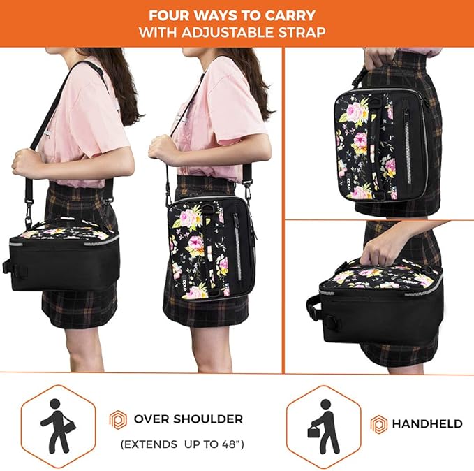 opux Premium Insulated Lunch Box for Men, Women | School Lunch Bag for Girls Kids | Compact Adult Lunch Pail Work Office Cooler | Soft, Leakproof, 4 Ways to Carry | Fits 12 Cans (Black Floral)