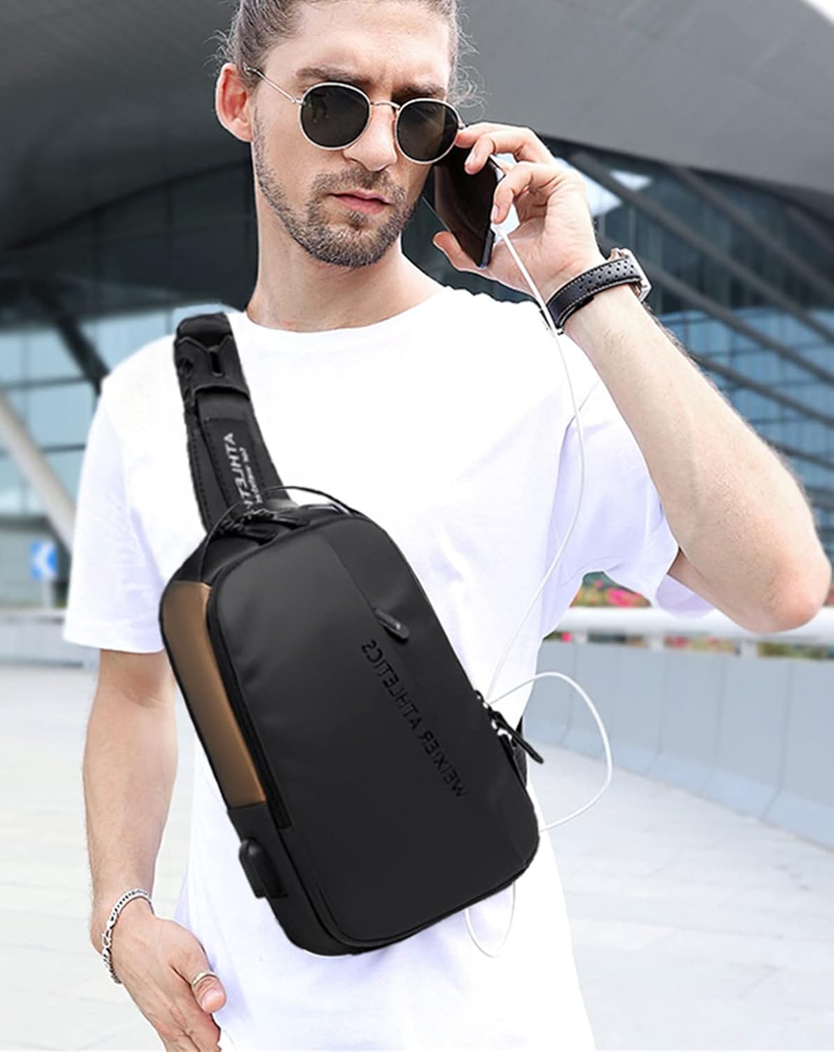Waterproof Sling Bags Mens Shoulder Crossbody Backpack with USB Charging Port& Headphone,Outdoor Lightweight Bag