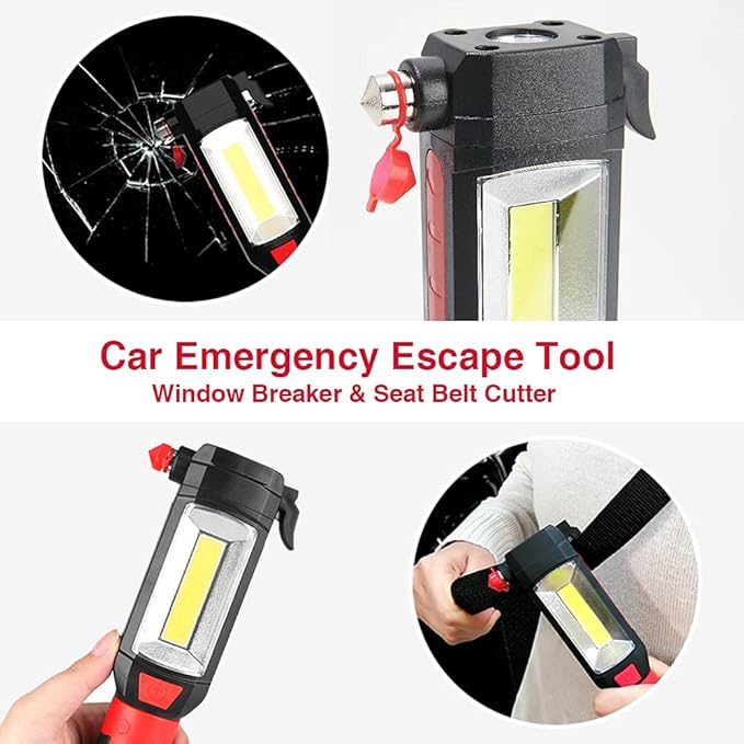 Maksone 2 Pack 9-in-1 Emergency Auto Tool with Flashlight, Window Breaker & Seat Belt Cutter, Magnetic LED Work Light with Hook for Car Repair, Camping, and Emergency Use (Battery Included)