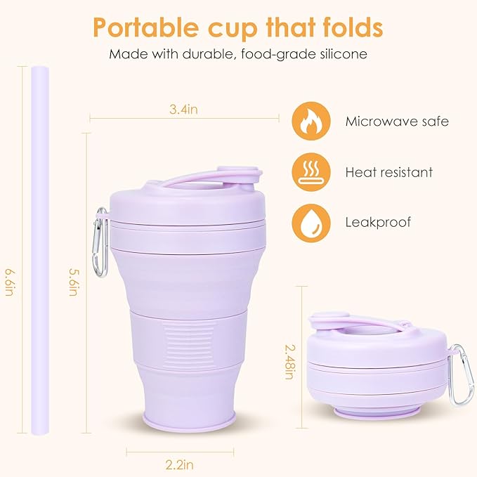 Collapsible Travel Cup - Lilac,20oz/600ml，Leak-Proof Reusable To-Go Pocket Size Silicone Bottle for Hot & Cold Drinks - Camping & Hiking - Dishwasher Safe- Straw included