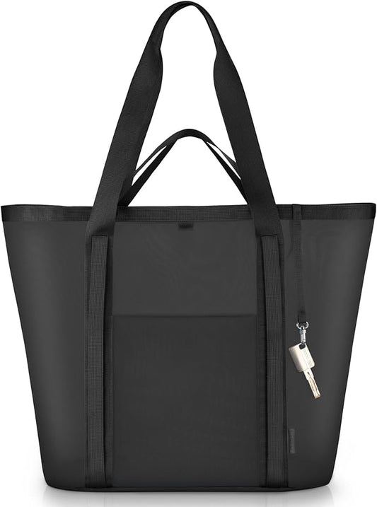 Mesh Beach Bag for Women with Towel Straps, Large Rinse-Through Beach Tote for Pool, Cruise & Vacation Essentials(Black)