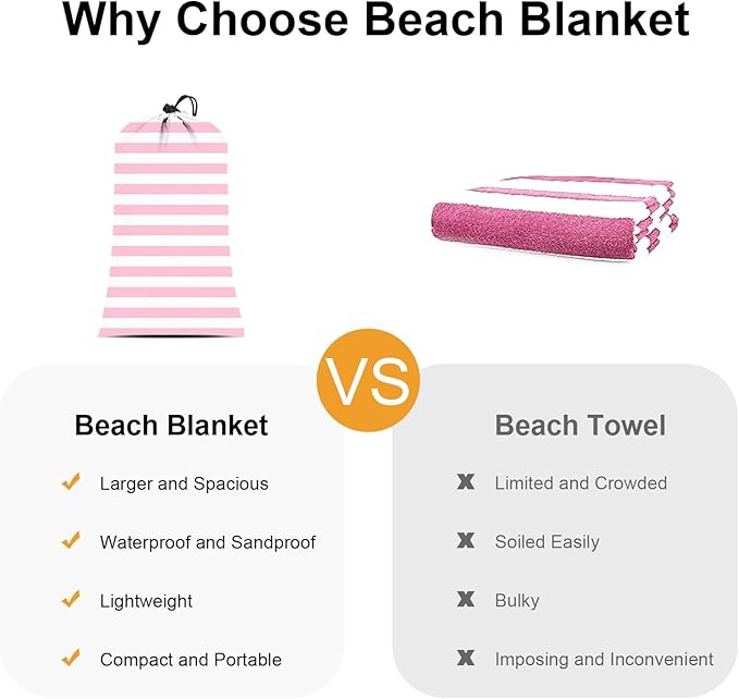 BEW Beach Blanket Sandproof Waterproof, Pink Striped Picnic Blanket Extra Large 9 Ft X 10 Ft for 8 Adults with Stakes and Sand Pocket, Compact Lightweight Sand Free Beach Mat Essential