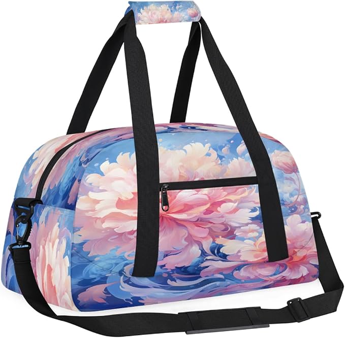 Sports Duffel Bags, Pink Peony Blue Water-Resistant Gym Duffle Bag for Men Women, Lightweight Weekender Overnight Bag for Fitness, Workout, Travel