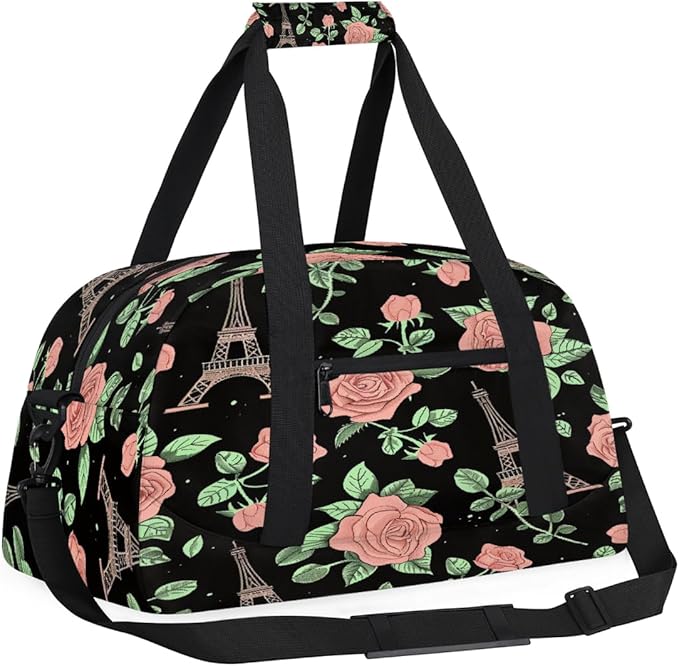 Sports Duffel Bags, Pink Rose Eiffel Tower Pattern Water-Resistant Gym Duffle Bag for Men Women, Lightweight Weekender Overnight Bag for Fitness, Workout, Travel