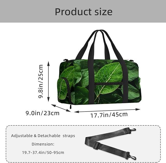 Green Leaf Nature Print Gym Bag with Shoe Compartment for Women Men, 17.7in Sports Duffle Weekender Tote, Overnight Travel Duffel Bag Carry On