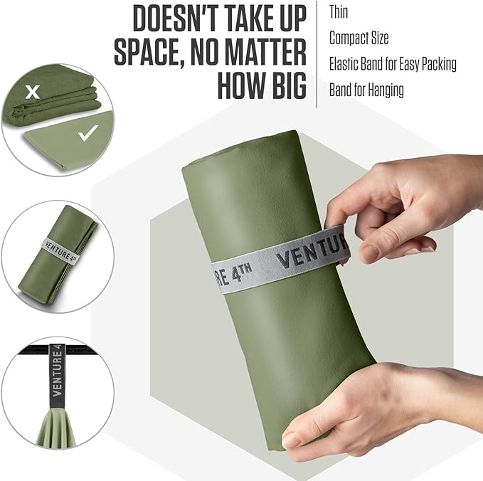 VENTURE 4TH Quick Dry Towel. Microfiber Travel Towel Ideal for Camping, Hiking, Backpacking, Gym. Lightweight & Fast Drying Travel Towels for Body. Compact & Easy to Pack - Army Green Large