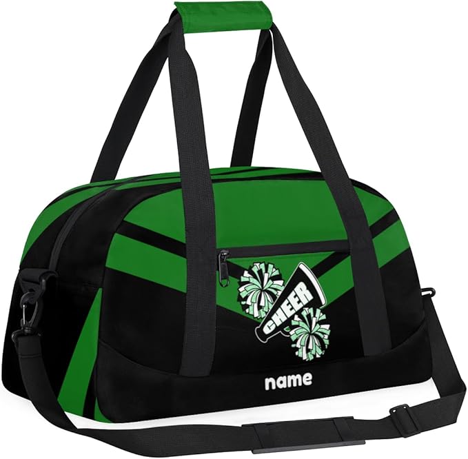 Custom Name Black Green Cheerleading Squad Gym Travel Duffle Bag with Front Zipper Pocket Personalizedfor Sports Bag for Overnight, Weekender, Carry On,Workout & Dance, 18.9 * 8.7 * 10.6 in
