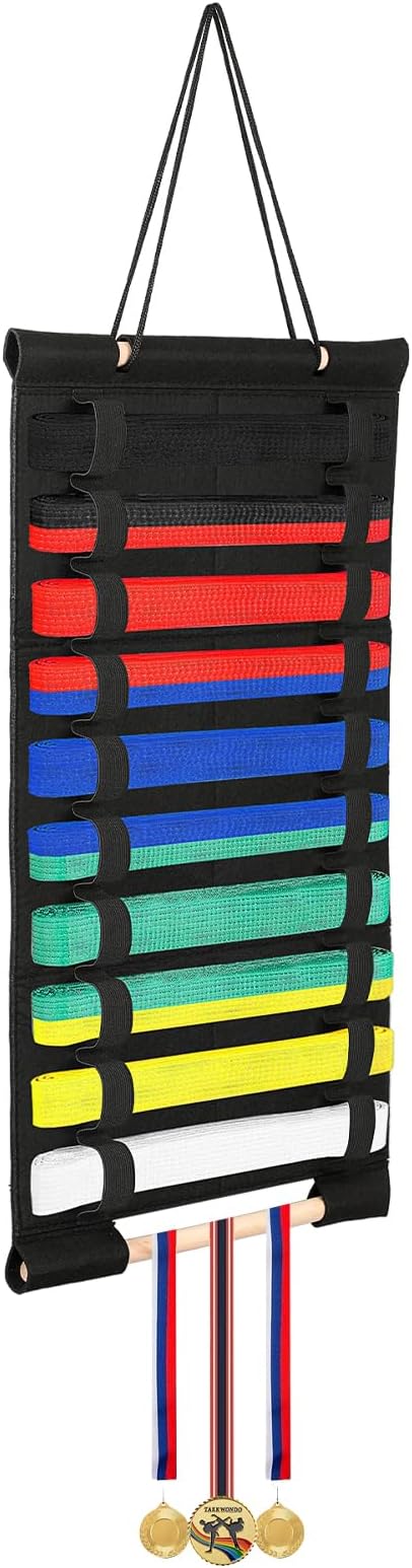 Karate Belt Display Rack, Taekwondo Belt Display Holder with Bamboo Medal Rack, Jiu Jitsu Belt Hanging Holder, Felt Martial Arts Belts Organizer for Taekwondo, Karate, BJJ Learners