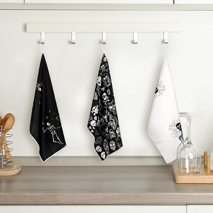 Bencailor 6 Pcs Skull Kitchen Towels Skeleton Dish Hand Towels Gothic Spooky Skull Tea Washcloth for Bathroom Kitchen Goth Horror Decor Gifts 24 x 16''