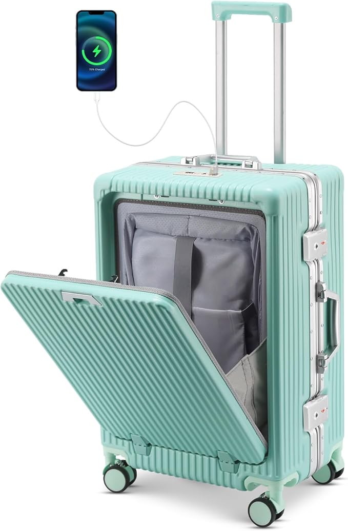 20 Inch Aluminum Frame Carry On Luggage with Front Pocket, USB Port, Phone Holder & Cup Holder, Hard Shell Spinner Suitcase for Airplane Travel, Mint Green