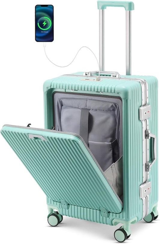 24-Inch Aluminum Frame Checked Luggage, Expandable Hard Shell Spinner Suitcase with Front-Open Pocket, USB Port, Phone Holder & Cup Holder for Men & Women Travel, Mint Green