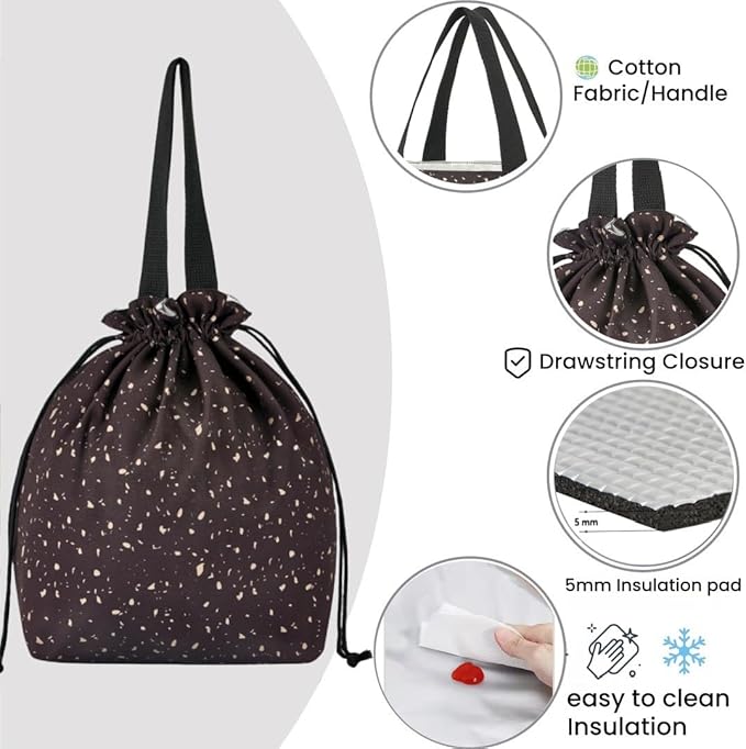 Reusable Small Lunch Bag,Drawstring Lunch Bag,Insulated Handbag Tote bag with Handle (Starry Night Black)
