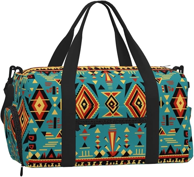 Sports Gym Bag Aztec Print Ethnic Geometrical Pattern Travel Duffel Bag With Shoe Compartment Shoulder Strap, Lightweight Water-Resistant Weekend Overnight Totes For Women Men