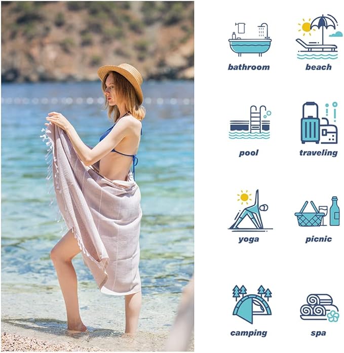Hencely Turkish Beach Towel 37x68 Oversized, Sand-Free, Quick-Dry, Lightweight - Travel Essential for Pool & Bath - Striped 100% Cotton Bathroom Towels Accessories Gift (Beige)