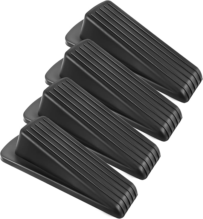 Door Stoppers for Bottom of Door on Floor, Premium Rubber Door Stopper Wedge, Floor Sturdy Stackable Door Stops for Carpet Heavy Duty Door, Door Gaps (Black, 4 Pack)