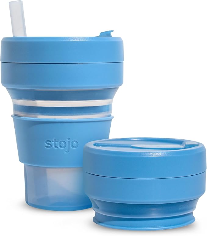 STOJO Collapsible Travel Cup - Reusable To-Go Pocket Size Silicone Bottle for Hot and Cold Drinks - Perfect for Camping - Microwave & Dishwasher Safe (Translucent Steel, 16, ounces)
