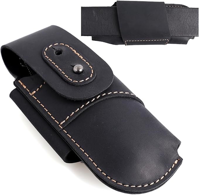 Topstache Leather Knife Sheath for Belt - Horizontal Carry Knife Holster - EDC Belt Organizer - Leather Multitool Sheath Pouch with Two Snap Closure for Folding Knife, Black