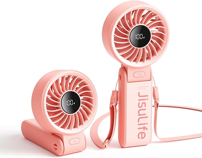 JISULIFE Handheld Fan Life7 – Ultimate Flexibility: High-Power Motor, LED Display, 19.5 Hrs Cooling, 5000mAh Rechargeable, 5-Speed, Foldable Design, 3-IN-1 Portable Fan for Travel Cruise Beach(Pink)