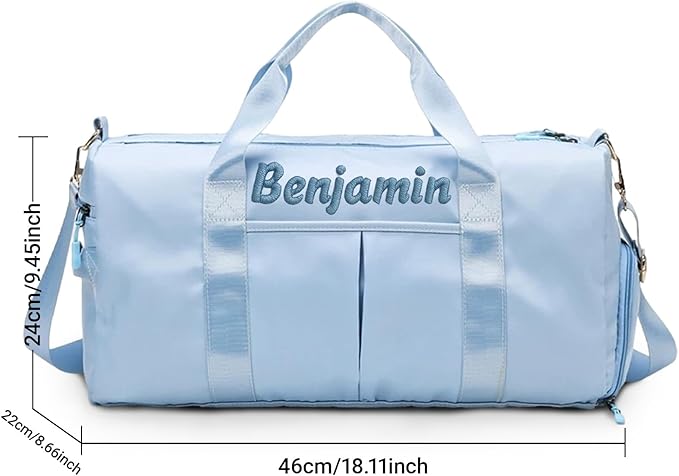 Personalized Travel Duffle Bag for Women with Embroidered Name Custom Sport Gym Bag with Shoe Compartment Weekender Overnight Tote Luggage Bag Customized Gifts for Birthday Light Blue