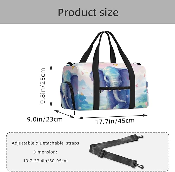 Sports Gym Bag Pink Cloud Cute Elephant Flowers Travel Duffel Bag With Shoe Compartment Shoulder Strap, Lightweight Water-Resistant Weekend Overnight Totes For Women Men