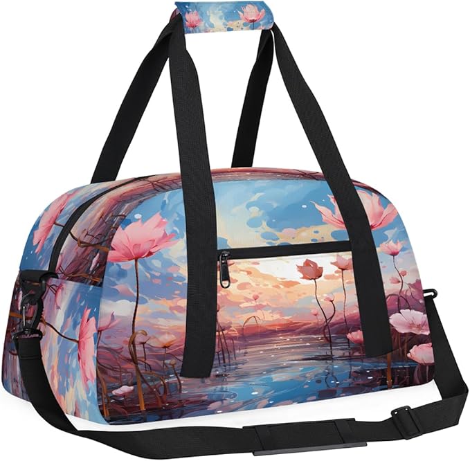 Pink Lotus Sunset Sports Duffel Bags, Water-Resistant Gym Duffle Bag for Men Women, Lightweight Weekender Overnight Bag for Fitness, Workout, Travel