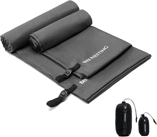 Bee Nesting Ultralight Quick Dry Towels in XLarge & Small Sizes with Compact Packable Pocket Microfiber Towel for Backpacking Travel Beach Hiking Swimming Sports & Yoga (Grey 2 Set)