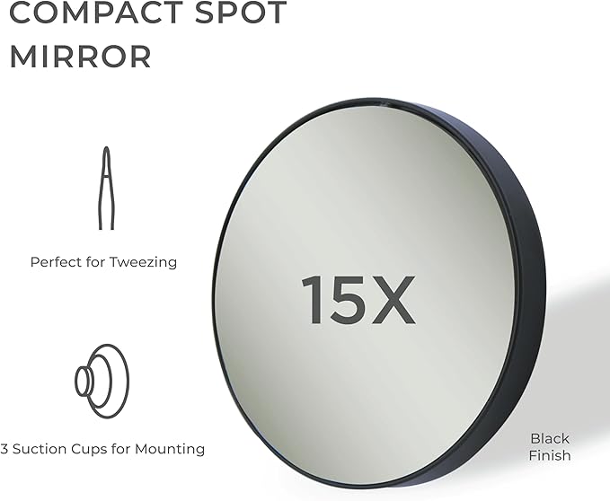 Zadro Compact 15X Magnification Travel Lightweight Portable Suction Cup Makeup Spot Mirror, Black, Black Finish