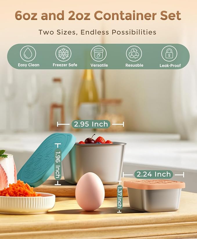 12Pack 6oz Stainless Steel Snack Containers and 2oz Salad Dressing To Go Containers with Silicone Lids, Reusable Square Meal Prep Condiment Sauce Containers Lunch Box Accessories