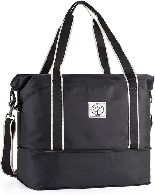 WALNEW Travel Duffel Bag, Weekender Overnight Carry On Bag for Women Men, Foldable Waterproof Gym Luggage with Metal Buckle Detachable Shoulder Strap and Wet Compartment (Black)