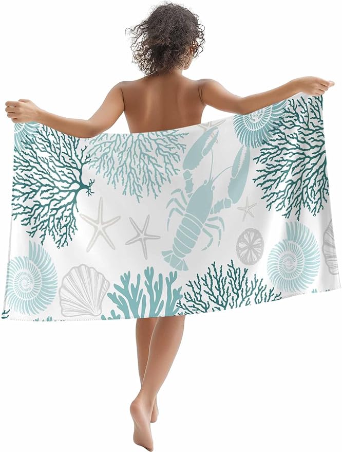 Ocean Microfiber Beach Towel, Teal Green Lobster Coral Starfish 31" x 63" Bath Towel Quick Dry Sand Free Travel Pool Towels for Beach Chair, Sun-Bath, Camping, Vacation