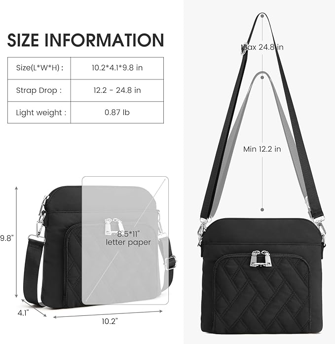 G4Free Anti-Theft Crossbody Bags for Women, Lightweight Nylon Shoulder Purse Medium Handbags for Travel Work-Black