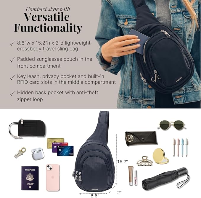 Baggallini Securtex® Anti-Theft Triple Zip Sling - Travel Backpack Sling Bag Crossbody - RFID Wallet Locking Zipper