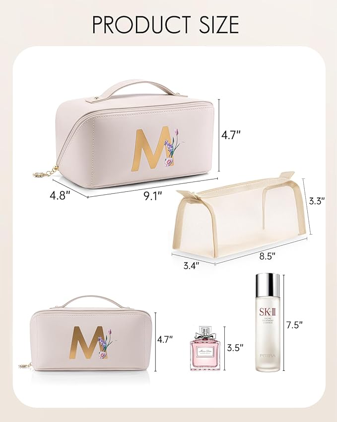 Vlando Mothers Day Gifts,Initial Makeup Bag,Travel Makeup Bag,Teacher Appreciation Gifts Birthday Gifts Bridesmaid Gifts Bride Wedding Gifts Graduation Gifts Valentine's Day Gift(Letter M)