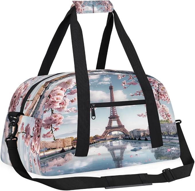 Gym Bag for Women Men, Paris Eiffel Cherry Blossom Travel Duffle Bags for Dance Ballet Overnight, Carry-On Weekender Bag with Detachable Shoulder Strap