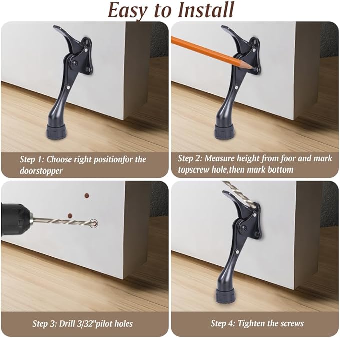 Kickdown Door Stopper 4Inches - One Packs One Touch Adjustable Height Door Stop for The Bottom of Door The Bottom of Door Aluminum Alloy Metal Door Stopper with Rubber Tip Black