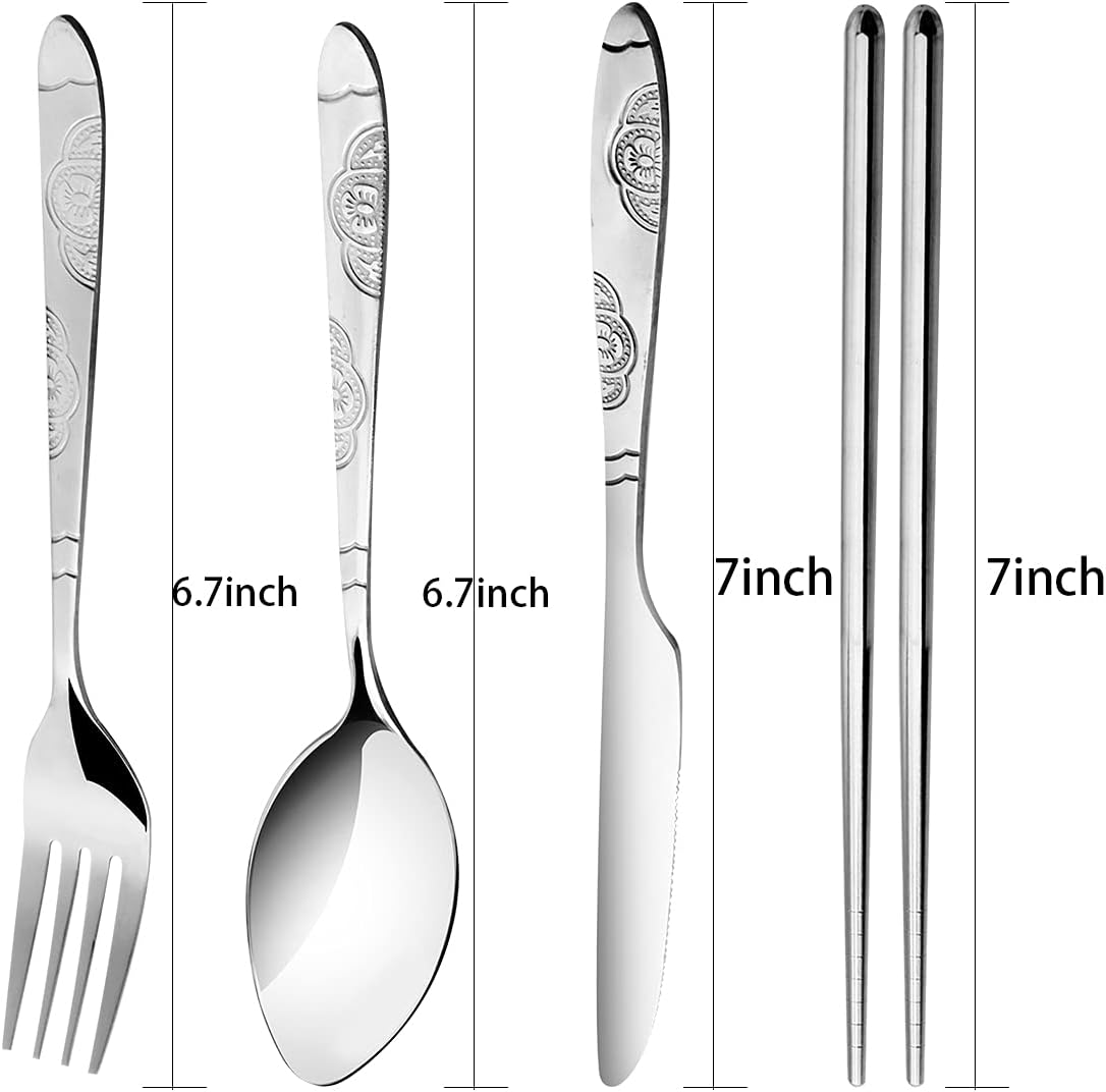 3 Pack Reusable Flatware Sets Knife, Fork, Spoon, Chopsticks, 12Pcs Portable Travel Stainless Steel Tableware Dinnerware with Carrying Case