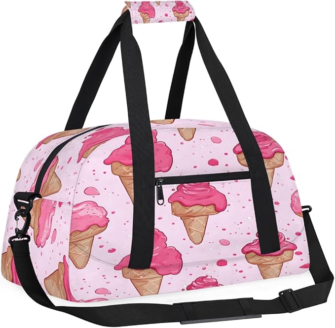 Sports Duffel Bags, Pink Ice Cream Water-Resistant Gym Duffle Bag for Men Women, Lightweight Weekender Overnight Bag for Fitness, Workout, Travel