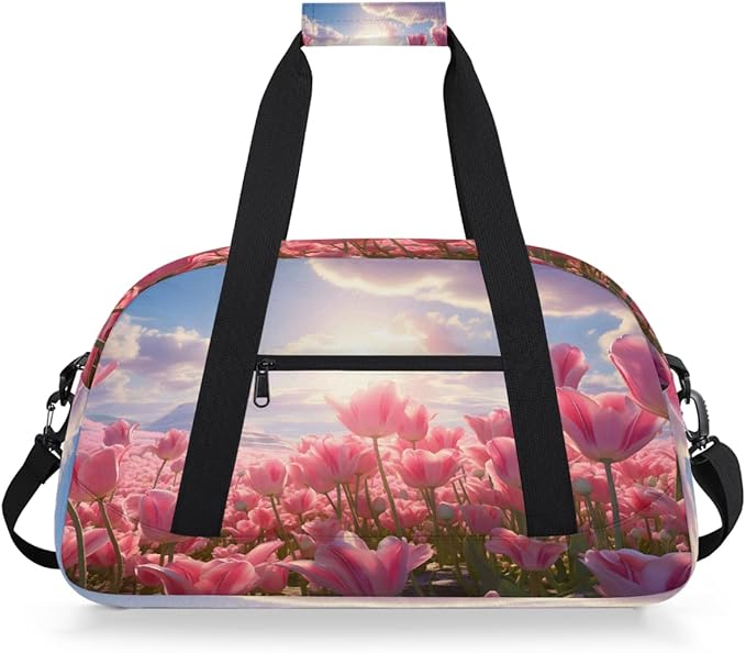 Pink Tulip Field Sunset Sports Duffel Bags, Water-Resistant Gym Duffle Bag for Men Women, Lightweight Weekender Overnight Bag for Fitness, Workout, Travel