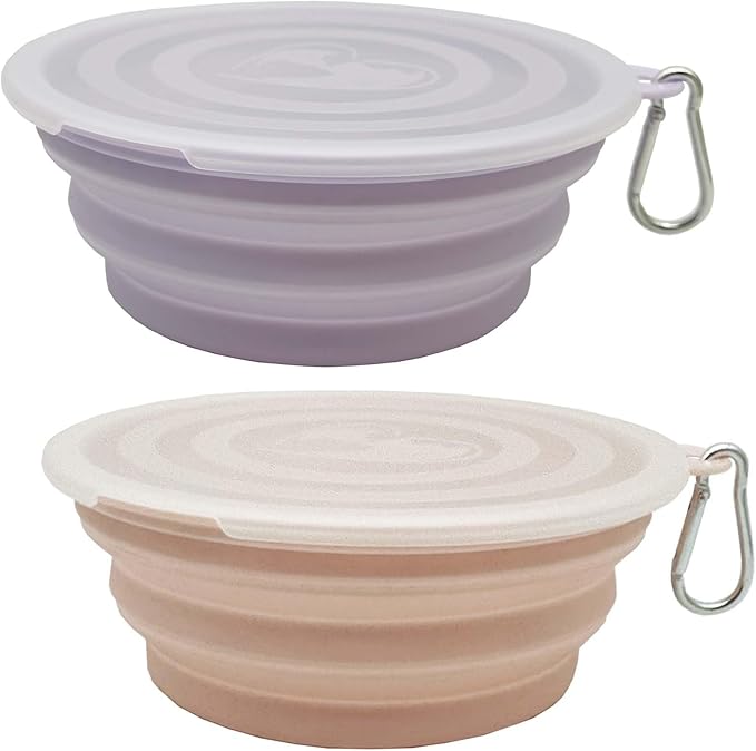 Large Collapsible Dog Bowl 35oz,2 Pack Portable and Foldable Pet Travel Bowls with 2 Carabiners & Lids for Dogs Cats and Small Animals (Macaron Purple+Pink, 1000ml)