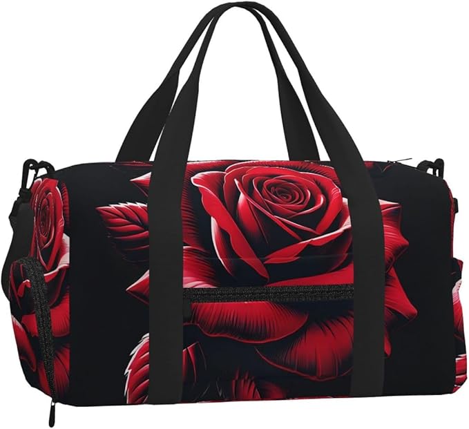 Romantic Red Rose Print Gym Bag with Shoe Compartment for Women Men, 17.7in Sports Duffle Weekender Tote, Overnight Travel Duffel Bag Carry On