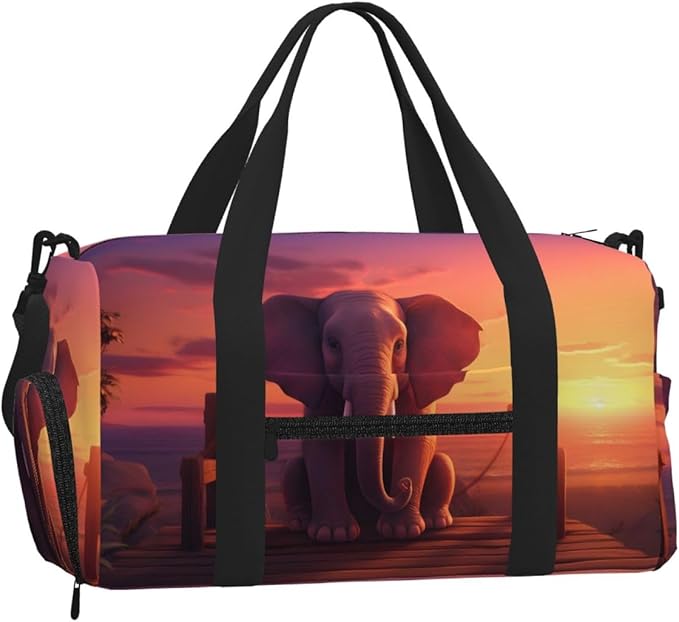 Sports Gym Bag African Elephant Sunset Travel Duffel Bag With Shoe Compartment Shoulder Strap, Lightweight Water-Resistant Weekend Overnight Totes For Women Men