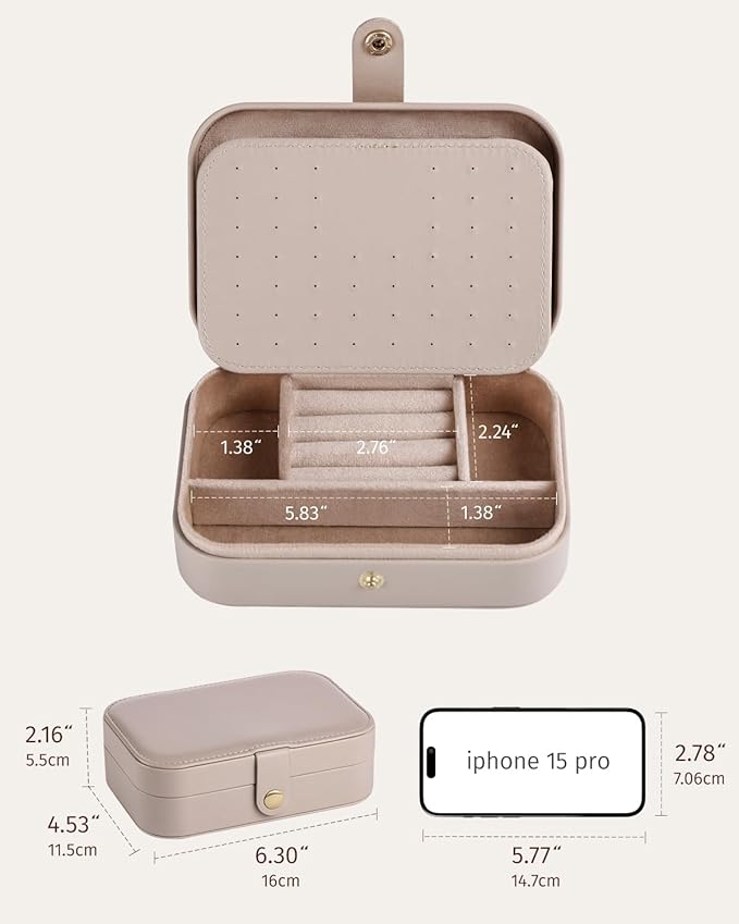 Jewelry Travel Case, Portable Travel Jewelry Box for Women, PU Leather, Snap Closure, Jewelry Holder Organizer Travel Essentials, Light Taupe