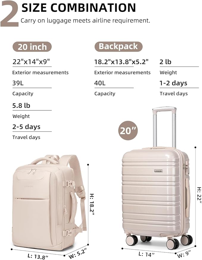 LARVENDER Carry on Luggage 22x14x9 Airline Approved Hardshell Suitcase with Wheels TSA Lock, PC+ABS Lightweight Suitcase Set for Women with Travel Backpack, Glossy Champagne