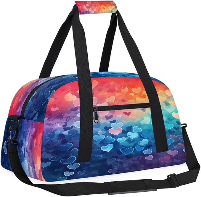 Duffle Bag for Women Men, Rainbow Gradient Hearts Gym Bag for Travel Sports, Lightweight Waterproof Weekender Overnight Bags with Adjustable Strap