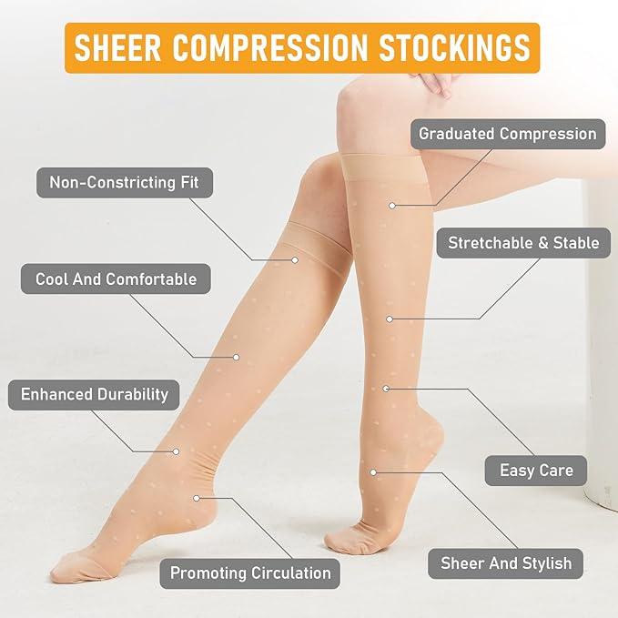 2 Pairs Sheer Compression Socks for Women - 15-20 mmHg Knee High Sheer Compression Stockings for Support Circulation Swelling Edema Work Office Travel, Dot, Medium