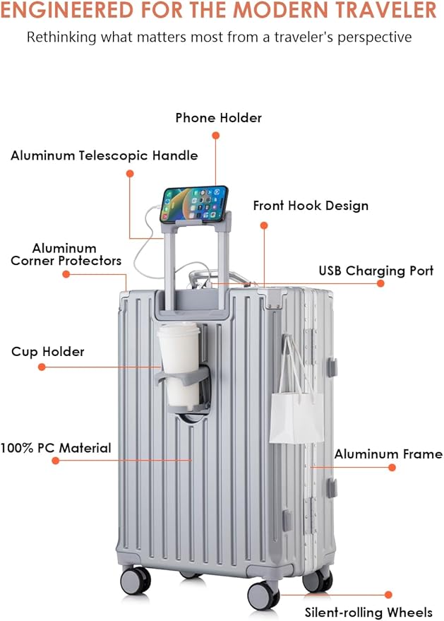 HotWay PC Hard Shell Checked Suitcase with Aluminum Frame, Luggage with Cup Holder and USB Port, Zipperless Luggage for Business Travel (Silver, Checked In 24Inch)
