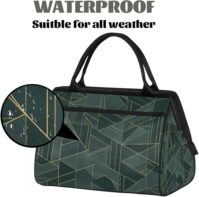 Teal Gold Geometric Lines Travel Duffel Bag, Waterproof Sports Gym Duffle Bag, Large Capacity Weekender Carry On Overnight Bags for Women Men